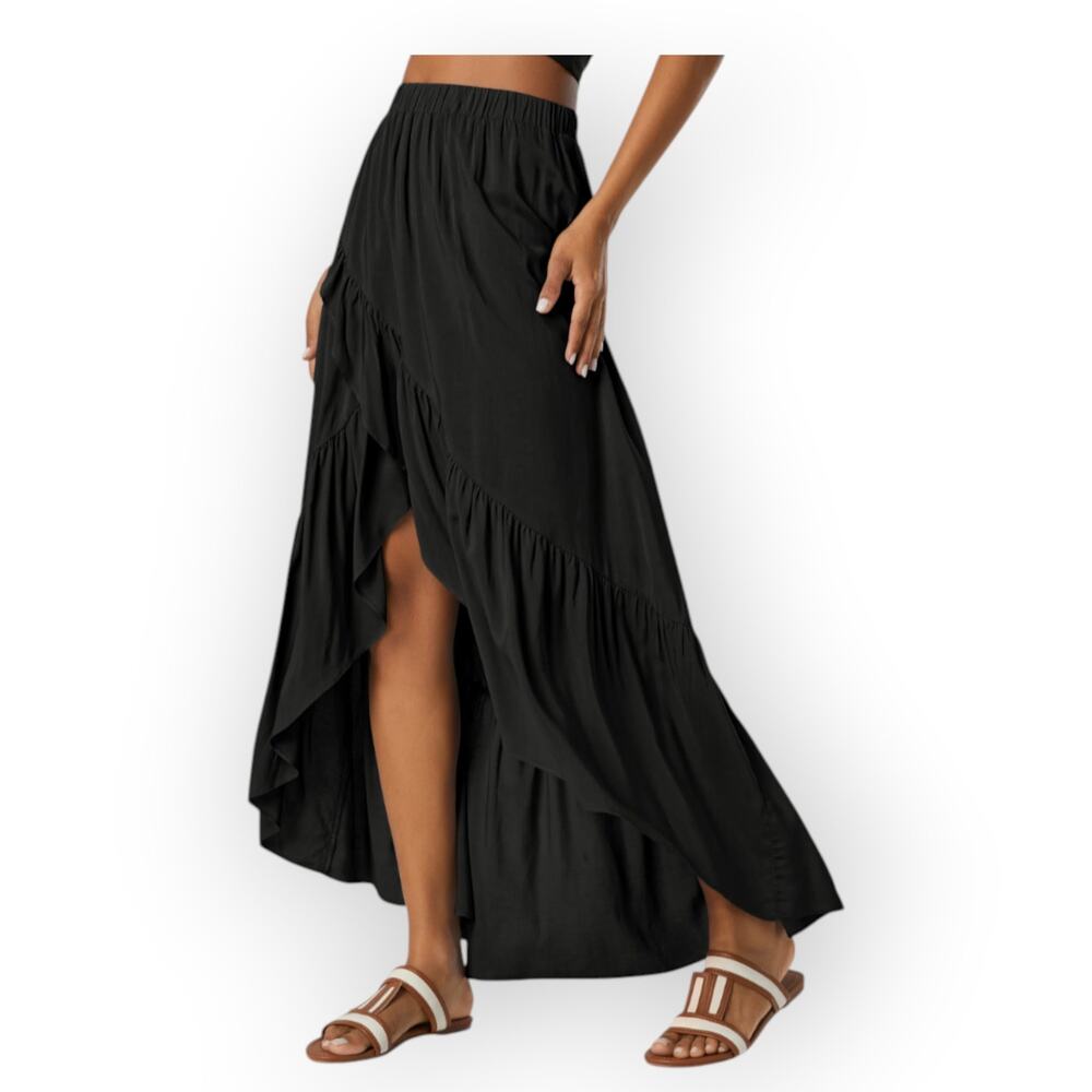 Halara High Waisted High Low Ruffle Maxi Skirt Flowy Black XL NWT Coastal Boho - Picture 6 of 8